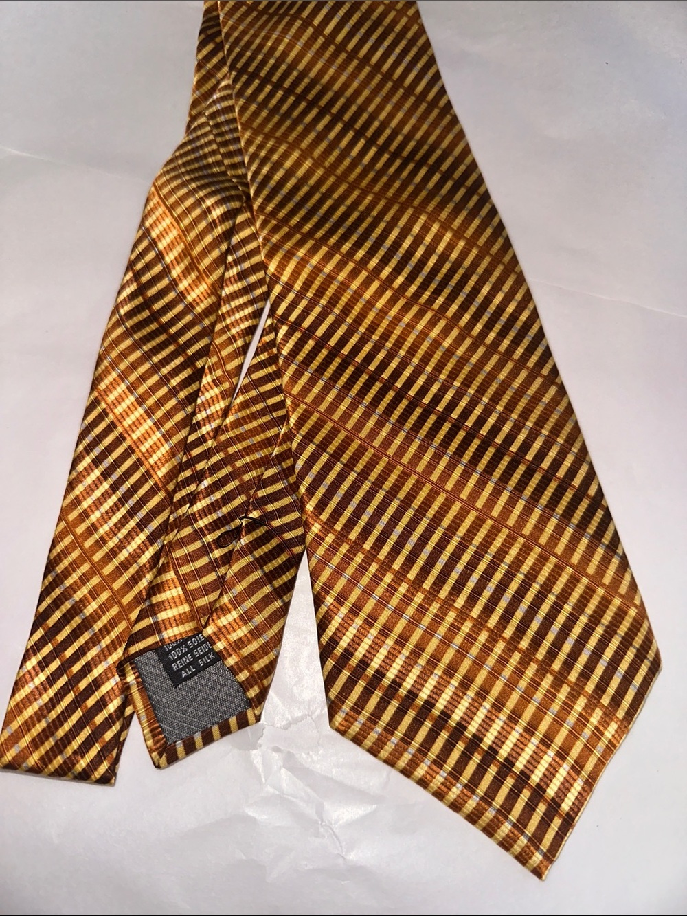 Jhane Barnes 100% Silk Tie Gold Brown Geometric Plaid Woven Necktie